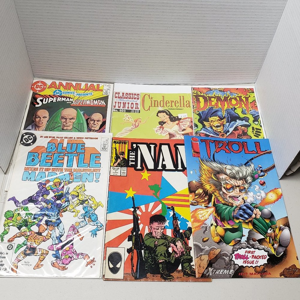 Comic Books: Blue Beetle, Cinderella, Nam, Superman etc